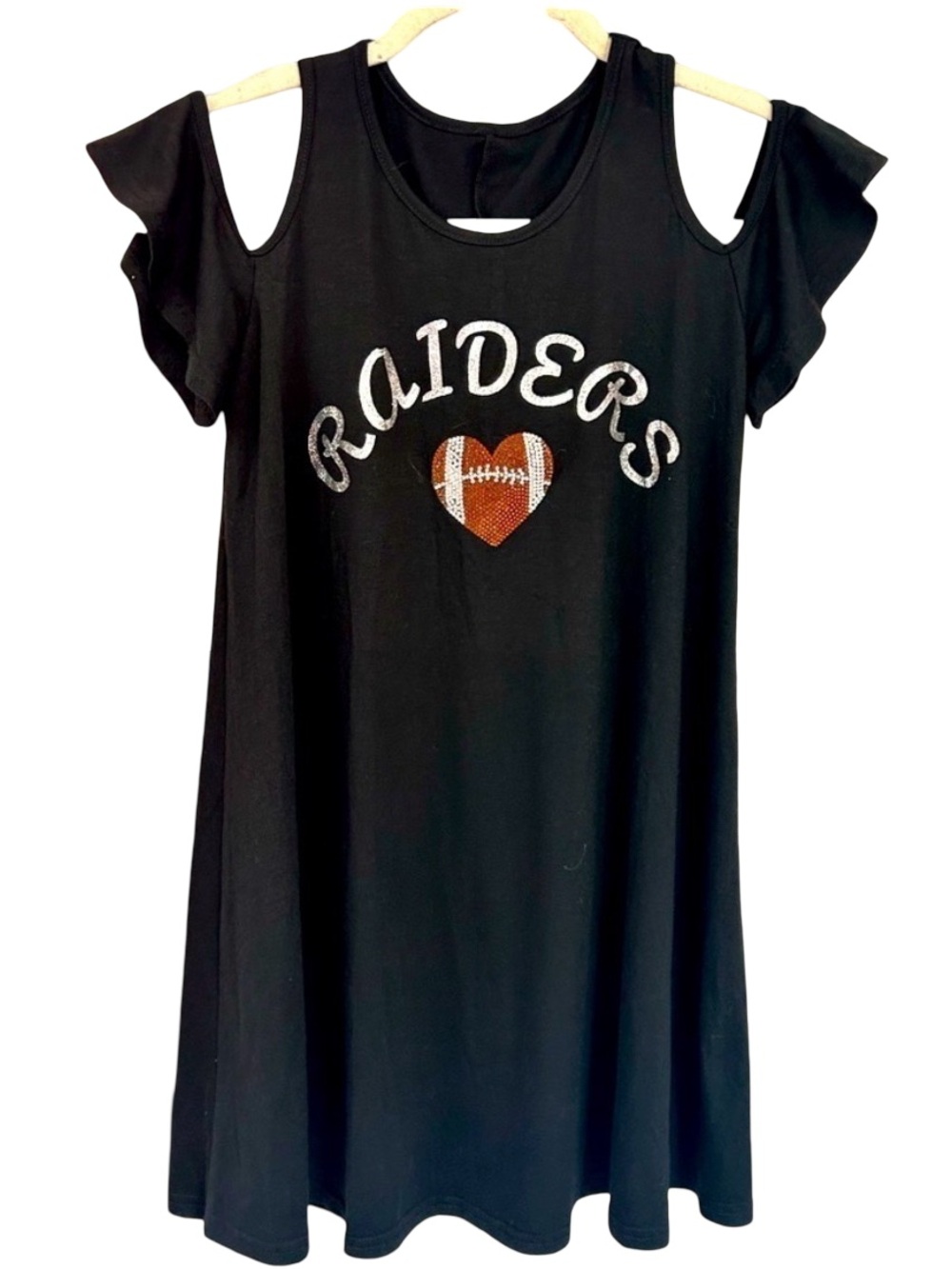 Raiders boutique shoulder cutout rhinestone bling logo game day tunic dress LG
